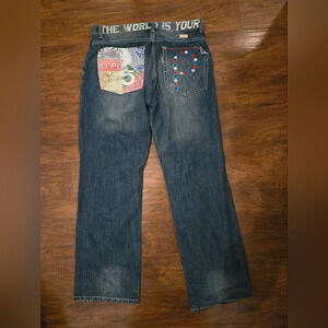 Parish Jeans Mens Size 36x32 The World Is Yours Graphic Designed Pockets